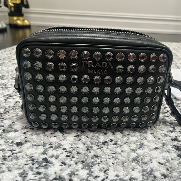 Prada Rhinestone Embellished Diagramme Quilted Camera Bag BLK Leather Cristal - Picture 3 of 17
